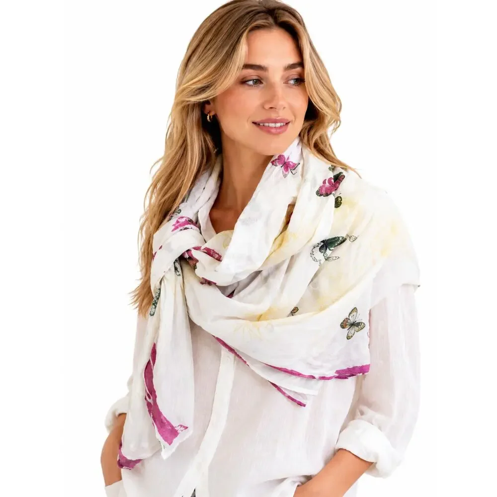 Vintage Butterfly Print Silk Scarf Cream Pink White Square Scarf Wrap